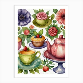 Watercolor Tea Set Art Print