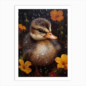 Duckling In The Rain Floral Painting 1 Art Print