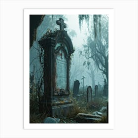 An Eerie Signboard Covered In Peeling Paint Sits Rusted At The Entrance Of An Abandoned Cemetery Shr (4) Art Print