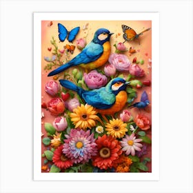 Blue Birds With Flowers Art Print