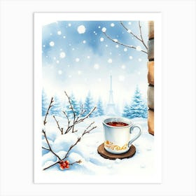 Winter Scene With Cup Of Coffee Art Print