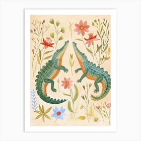 Folksy Floral Animal Drawing Crocodile Art Print