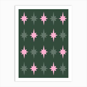 Pink and Green Stars Festive Christmas Art Print