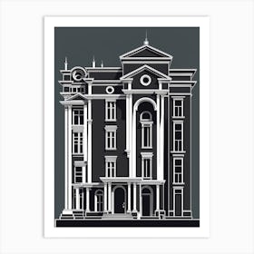 Building With A Clock On The Facade, black and white monochromatic art Art Print