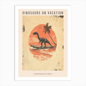 Vintage Corythosaurus Dinosaur On A Surf Board 1 Poster Art Print