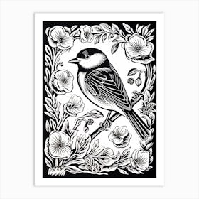 B&W Bird Linocut Carolina Chickadee 1 Art Print