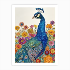 Peacock Maxmalism Floral Portrait 2 Art Print