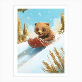 Sloth Bear Cub Sledding Down A Snowy Hill Storybook Illustration 3 Art Print