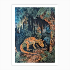 Dinosaur In A Cave With Leaves Painting Art Print