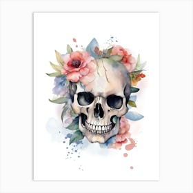 Skull With Flowers Watercolour Art Print