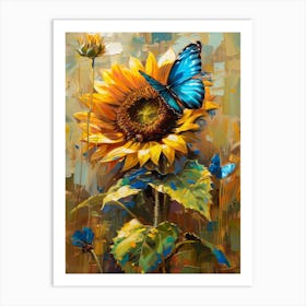 Sunflower With Blue Butterfly Art Print