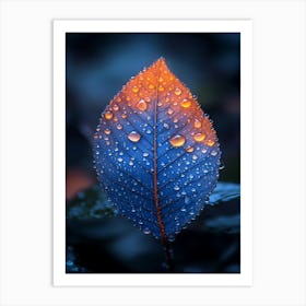 Blue Leaf With Water Droplets 5 Art Print