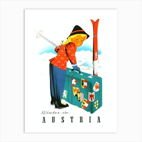 Austria, Ski Girl With Big Blue Suitcase Art Print