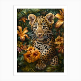 A Happy Front faced Leopard Cub In Tropical Flowers 7 Art Print