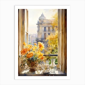 Window View Of Milan Italy In Autumn Fall, Watercolour 1 Art Print
