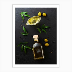 Olives and oil — Food kitchen poster/blackboard, photo art Art Print