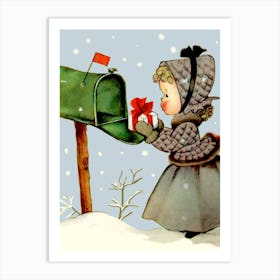 Little Girl Is Dropping A Holiday Present On Mailbox Art Print