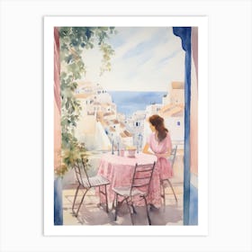 At A Cafe In Santorini Greece Watercolour Art Print