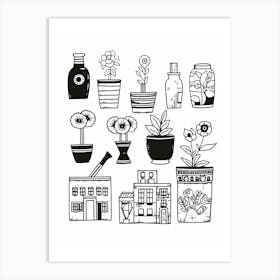 Plants And Pots Black And White Line Art Art Print