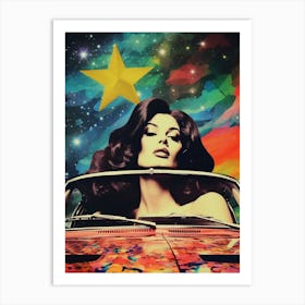 Retro Pin Up Woman In Classic Car Space Collage Art Print