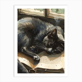 Black Cat Sleeping On A Book Art Print