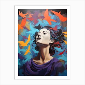 Woman With Birds Art Print