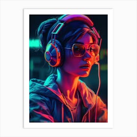 Neon Girl With Headphones 2 Art Print