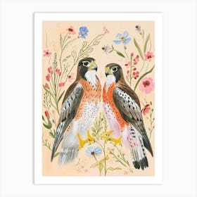 Folksy Floral Animal Drawing Falcon 4 Art Print