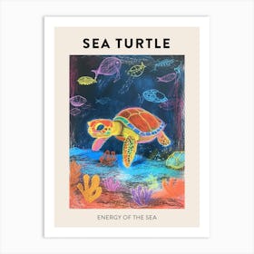 Sea Turtle & Friends At Night In The Ocean Poster Art Print