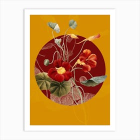 Vintage Botanical Monks Cress Tropaeolum majus on Circle Red on Yellow n.0004 Art Print