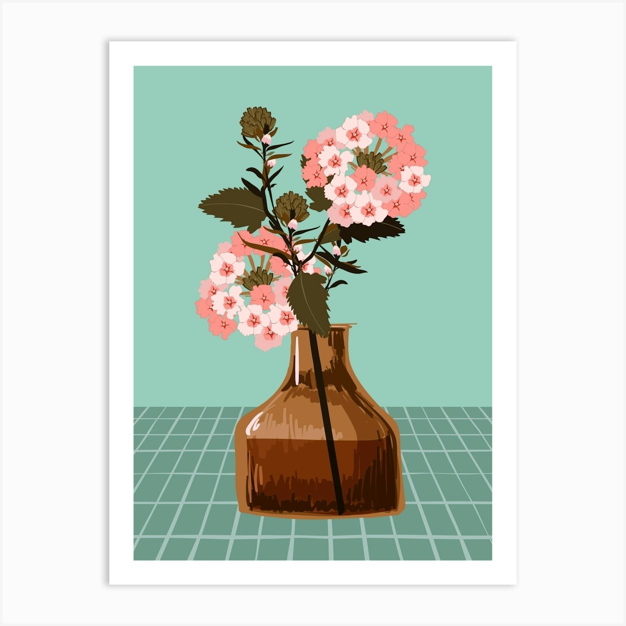 Teal Vase of Flowers Modern Botanical Art Print by Melon Daisy Art