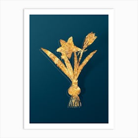 Vintage Hippeastrum Botanical in Gold on Teal Blue n.0343 Art Print