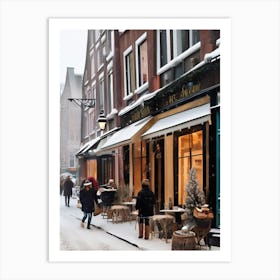 Amsterdam cafes, winter season, Christmas, autumn oil colors, pale colors, pedestrians in the street, winter clothes, falling snow.3 1 Art Print