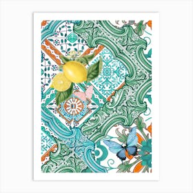 Sicilian azure tiles, lemons and flowers Art Print