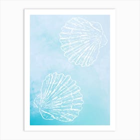 Seashells On Blue Watercolor Background Art Print