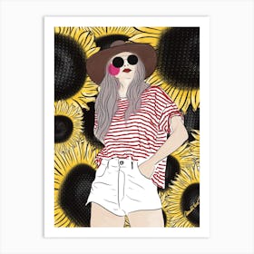 Girl with sunglasses and sunflowers Art Print