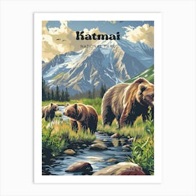 Katmai National Park Retro Digital Travel Art Art Print