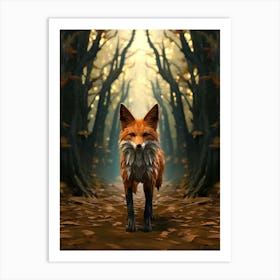 Fox Walking Through A Forest Realism Illustration 1 Art Print