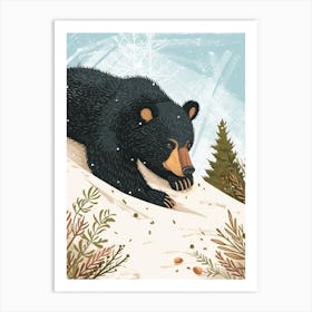 American Black Bear Cub Sliding Down A Snowy Hill Storybook Illustration 4 Art Print