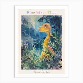 Dinosaur In The Rain Watercolour Illustration 1 Poster Art Print