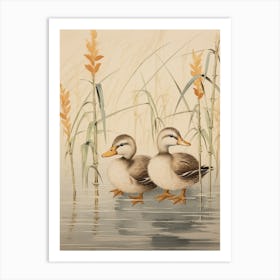 Ducklings With Pond Grass Japanese Woodblock Style 1 Art Print