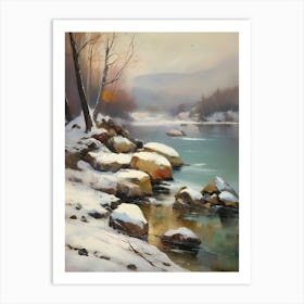 Ancient landscapes, old winter oil paintings and rocks around the lake bank. Snow is falling on the lake, old colors.10 1 Art Print