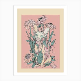 Cute Sphynx Cat With Flowers Illustration 1 Art Print