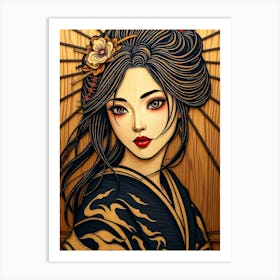 Geisha Wood Portrait 1 Art Print