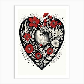 Heart Red & Black Linocut Style White Background 4 Art Print