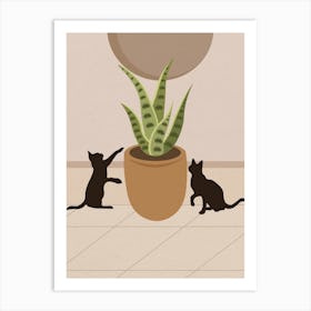 Vintage Minimal Art Two Cats Playing With A Plant Art Print