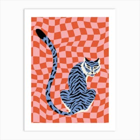 Tiger On Red Checkered Pattern Art Print