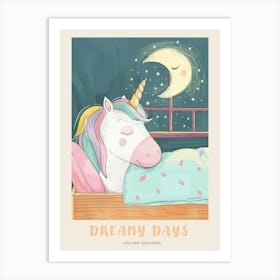 Pastel Storybook Style Unicorn Sleeping In A Duvet With The Moon 2 Poster Art Print