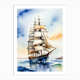 Sailing ship on the sea, watercolor painting 1 Art Print