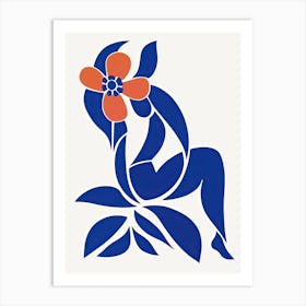Blue Drawing Of A Woman With Red Flower Abstract Style Art Print